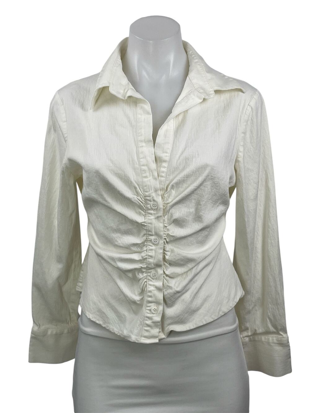 Zara Womens White Linen Long Sleeve Ruched Collared Button Down Shirt Top Size L